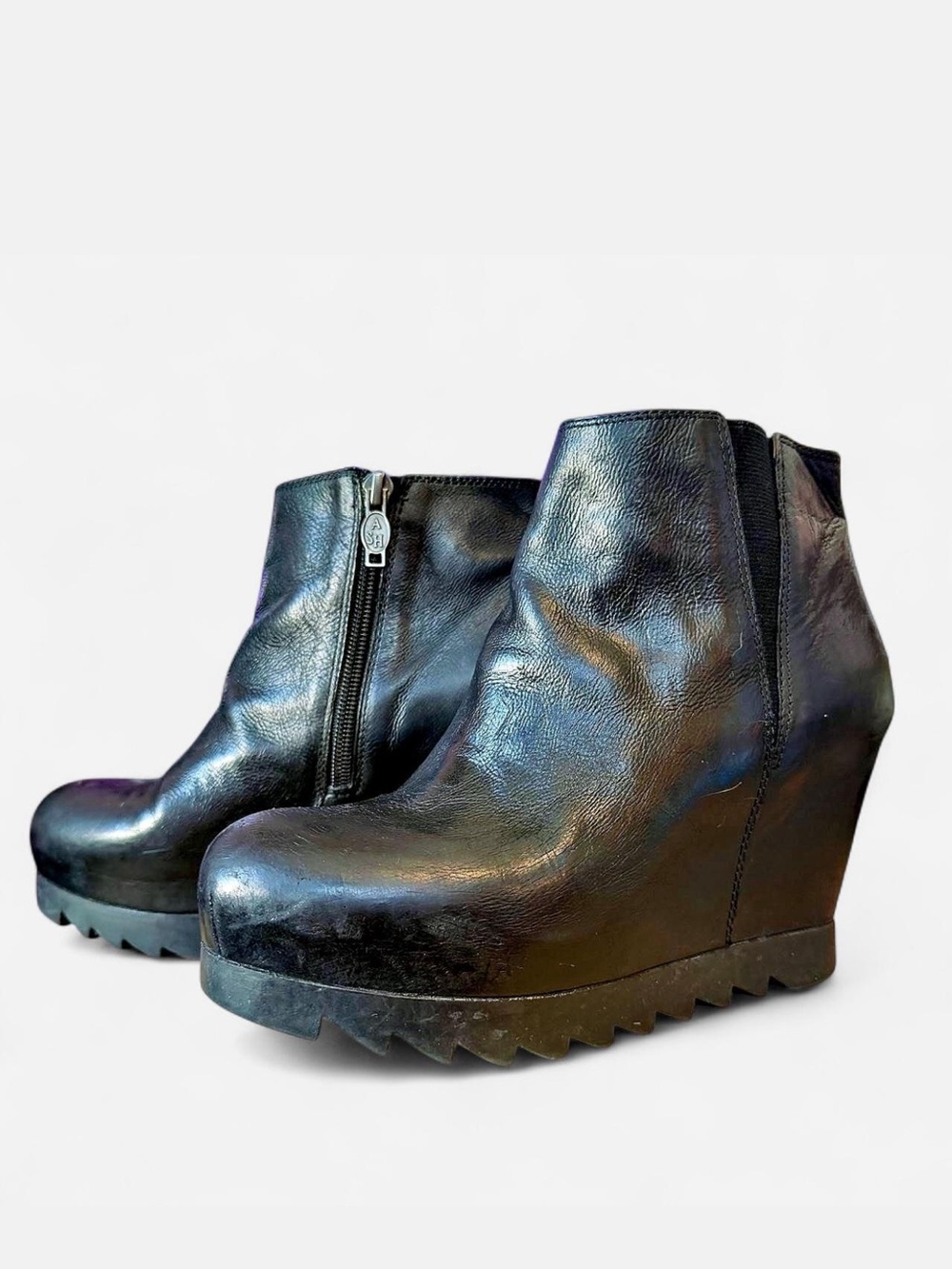 ASH Iron Black Leather Wedge Ankle Boots - US 8 / 38